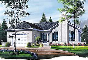 

Attractive Home
1059 sq. ft.; 2 Bedrooms; 1 Bath  
A triangular stoop leads to an attractive three-part front door. The family room centers on a fireplace framed by soaring arched windows. 
National Average Cost to Build: $116,490.00

